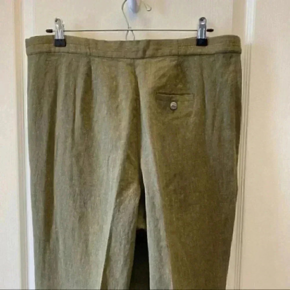 Vintage Linen Trousers High Rise Relaxed Fit Pleated Pants Olive Green Size 14 - Picture 4 of 15